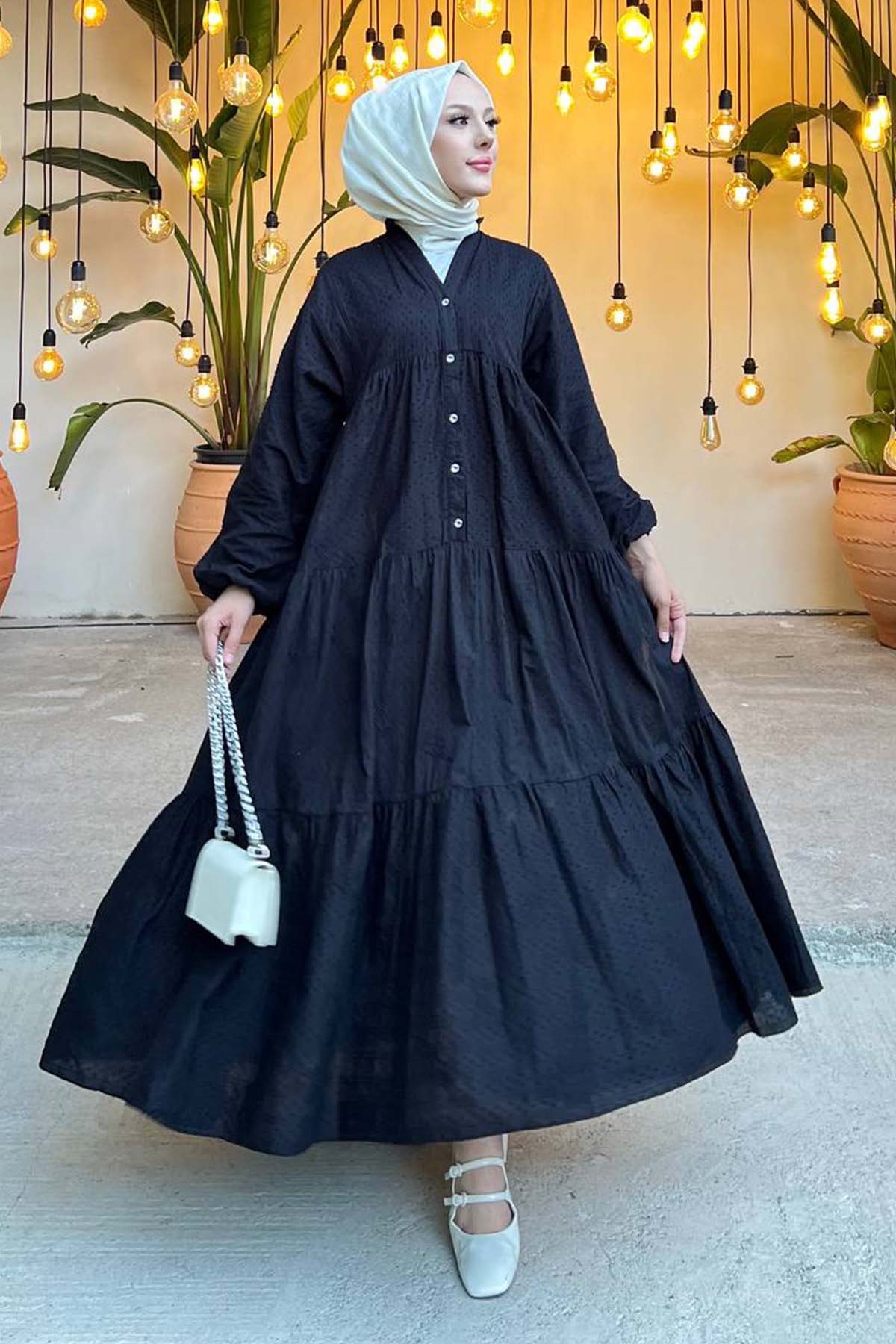 Çiçek Kabartma Desenli Elbise Siyah 1000