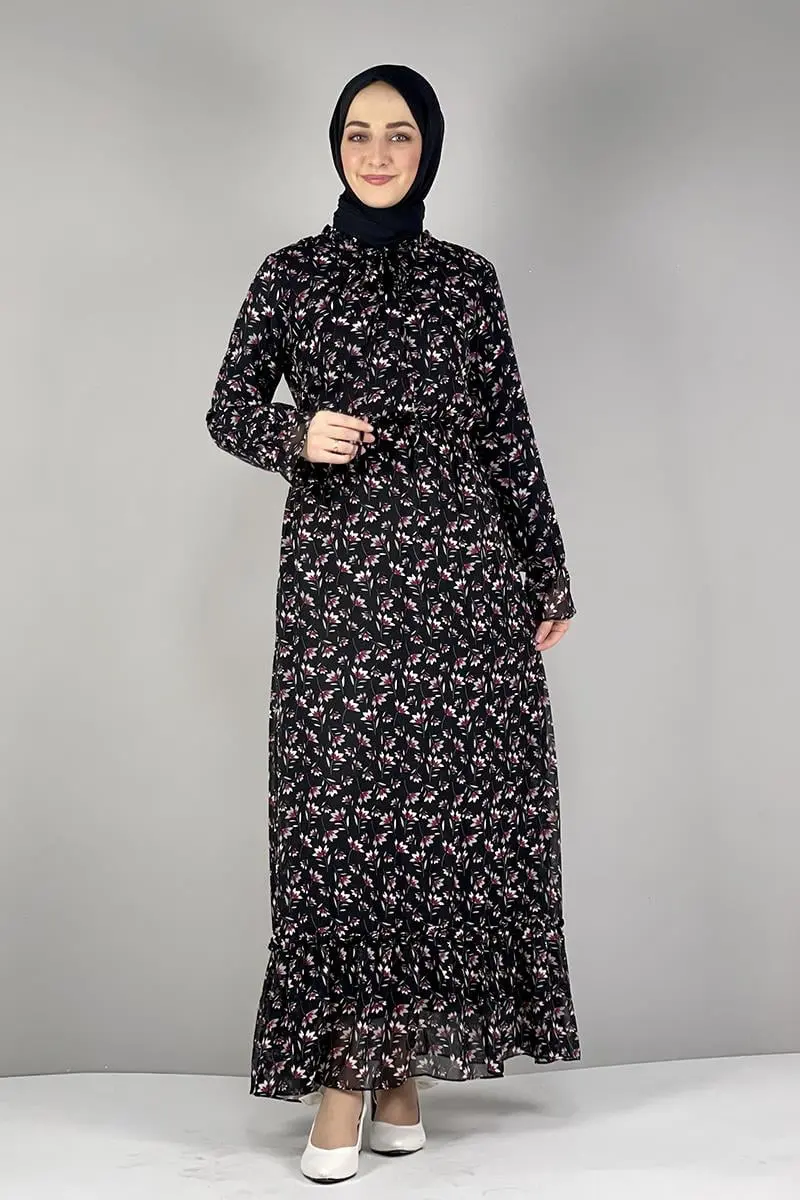 Floral Chiffon Dress Black-detail