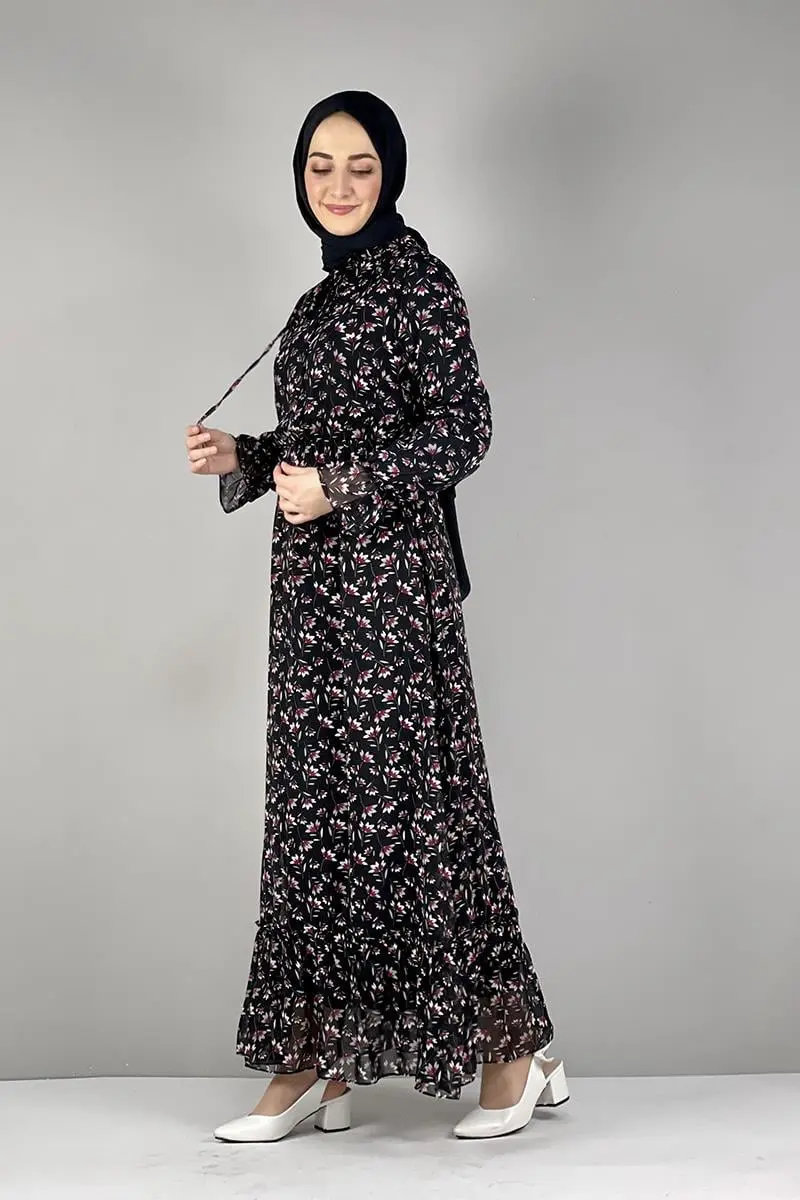 Floral Chiffon Dress Black-detail