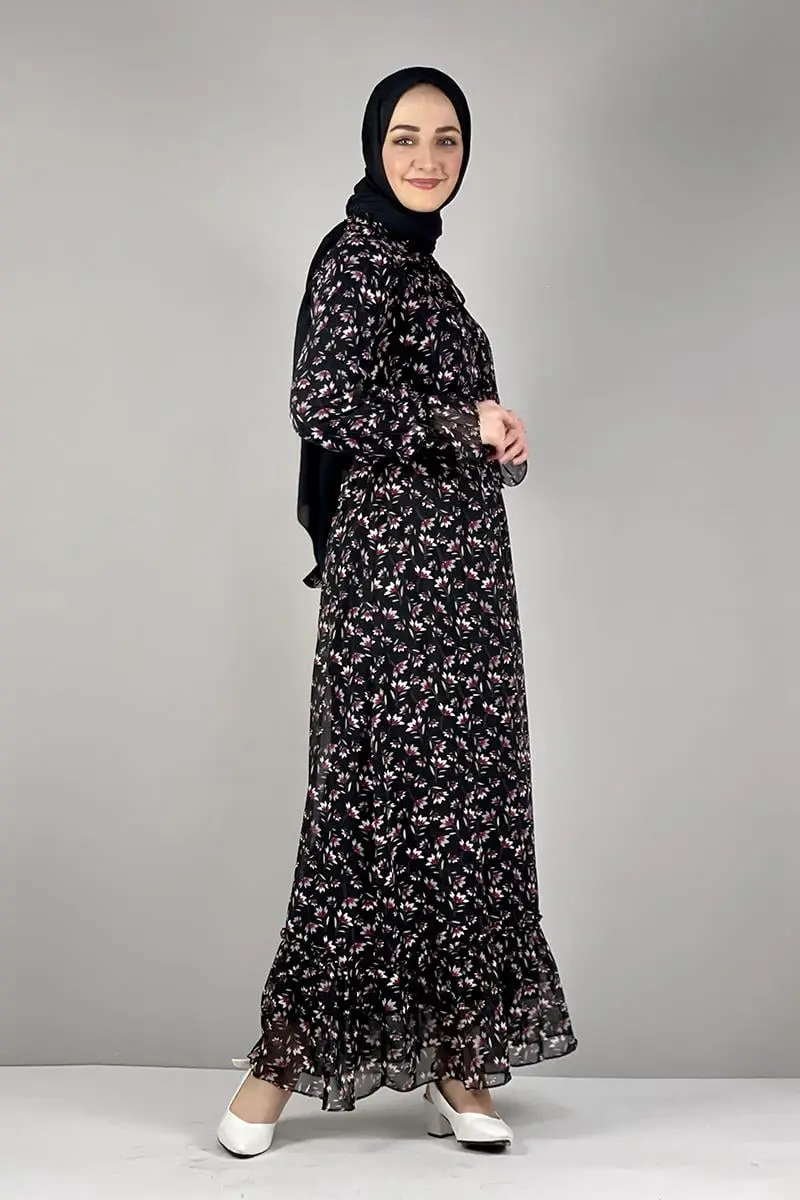 Floral Chiffon Dress Black-detail