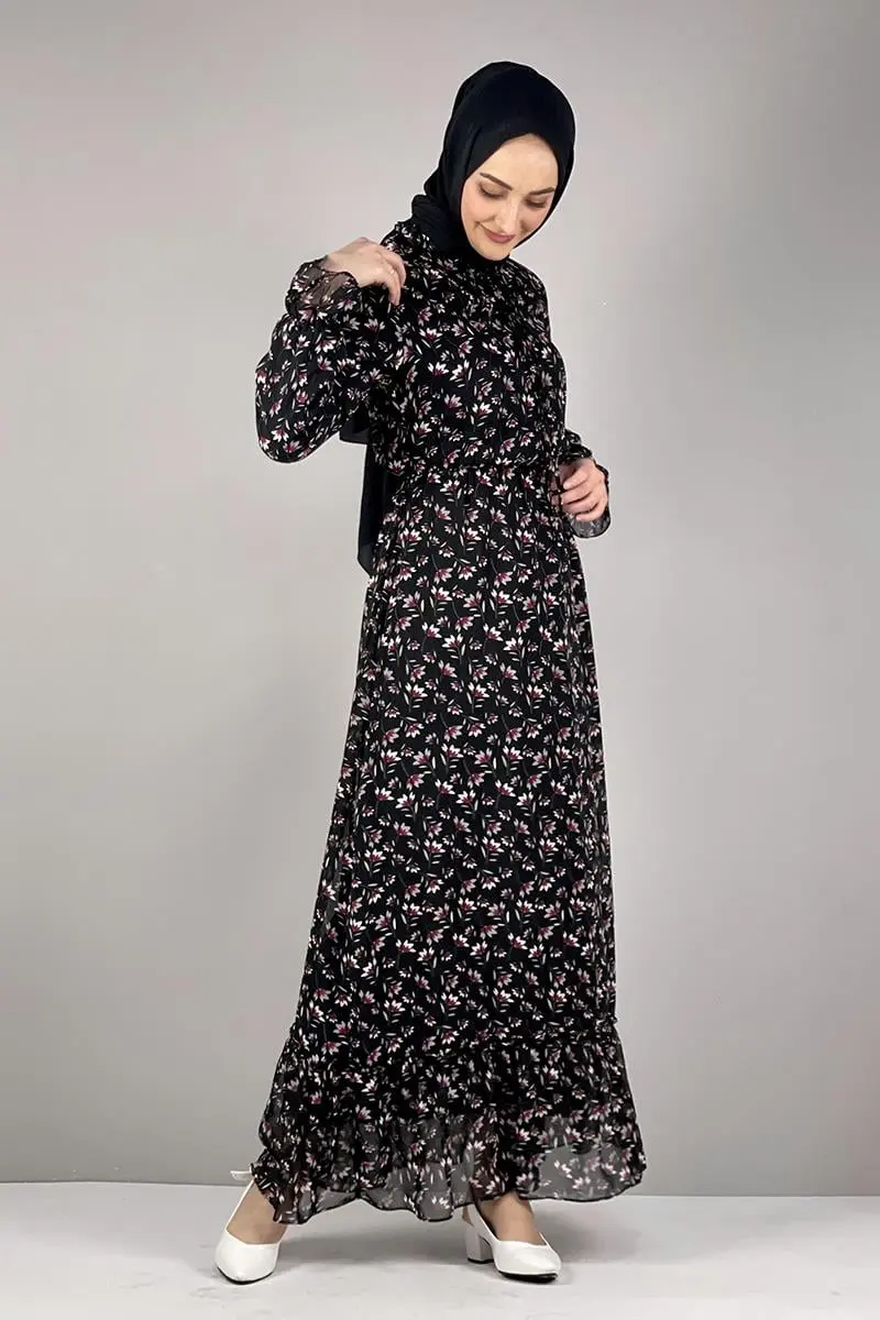 Floral Chiffon Dress Black-detail