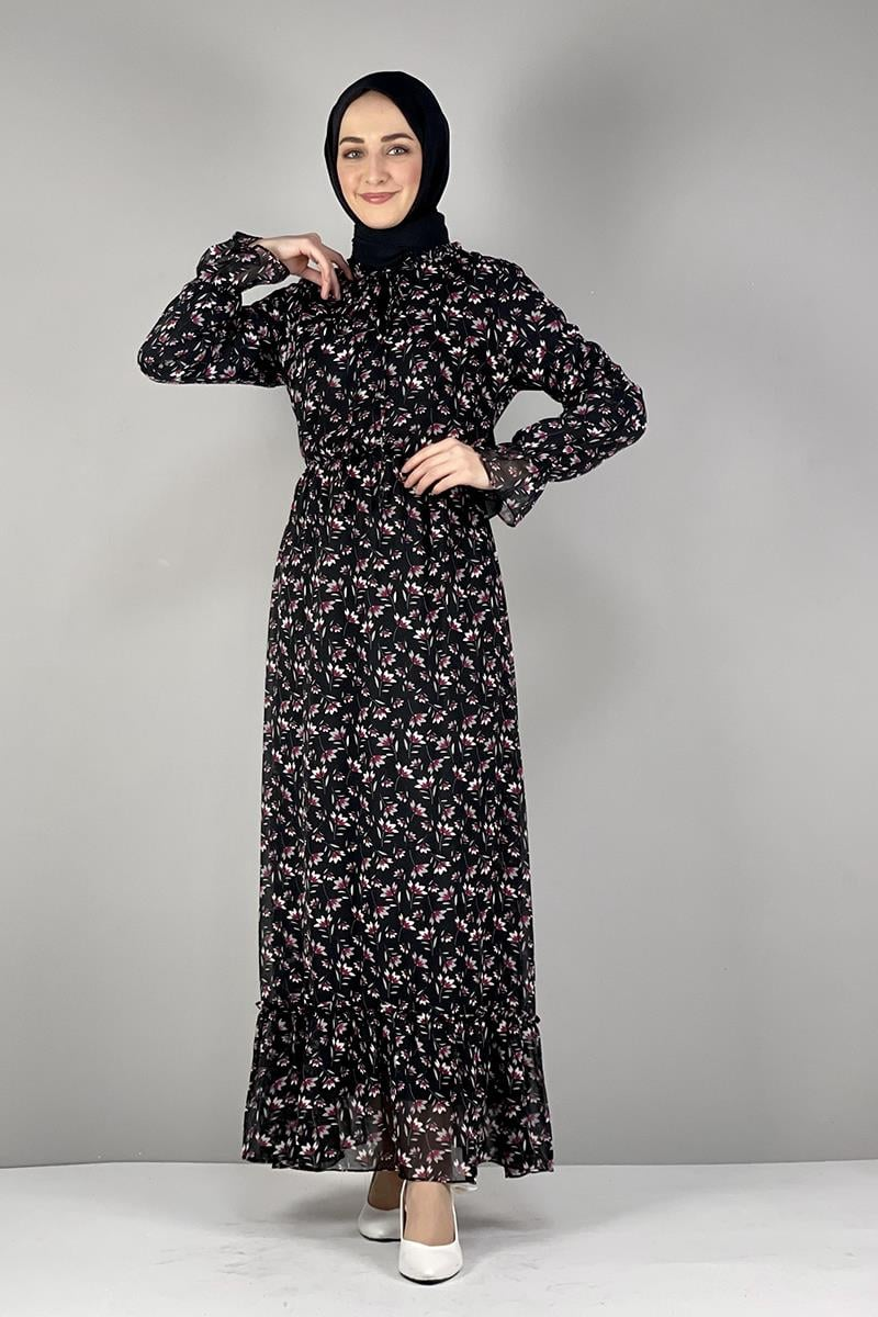 Floral Chiffon Dress Black