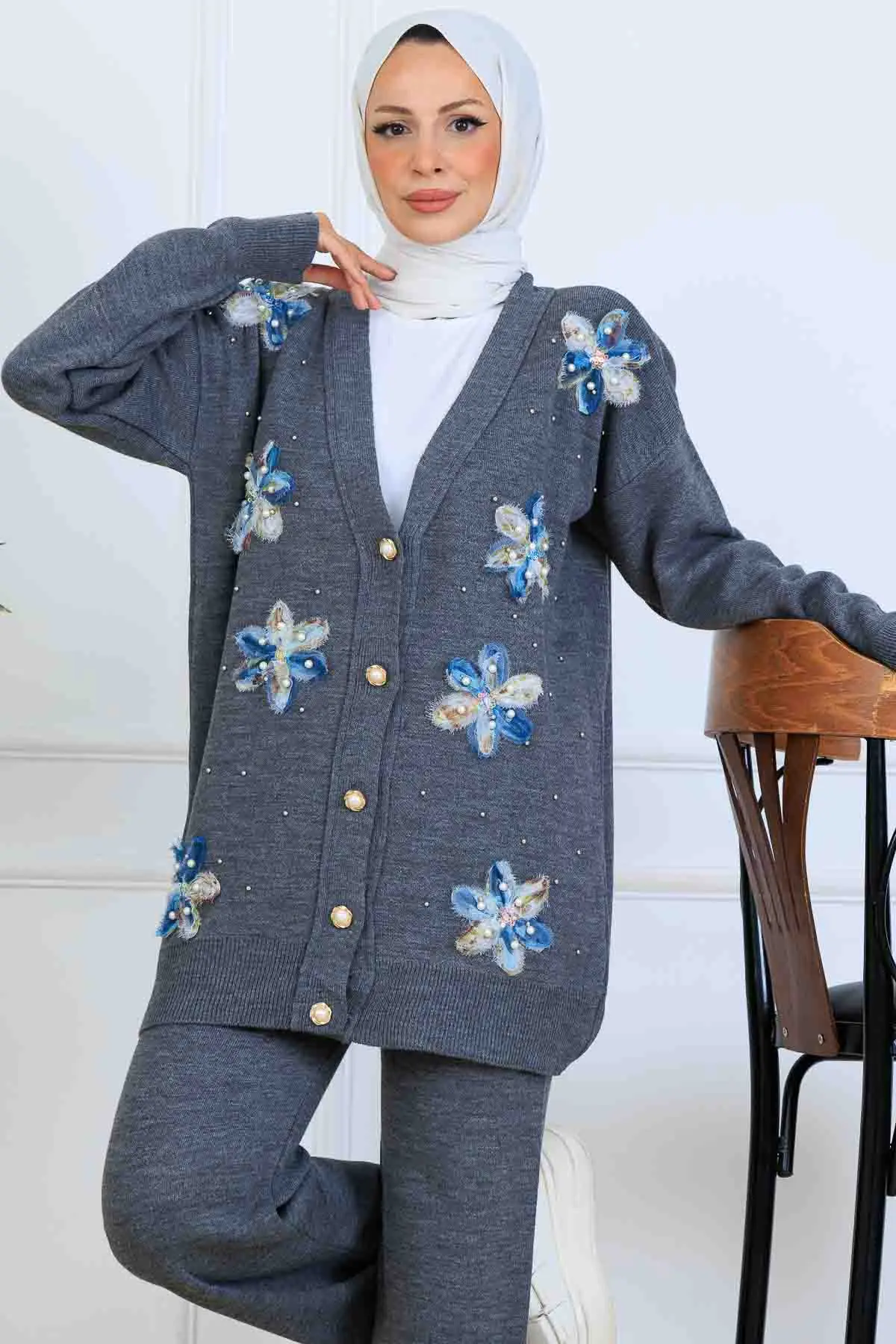 Çiçekli Triko Hırka Takım-detail