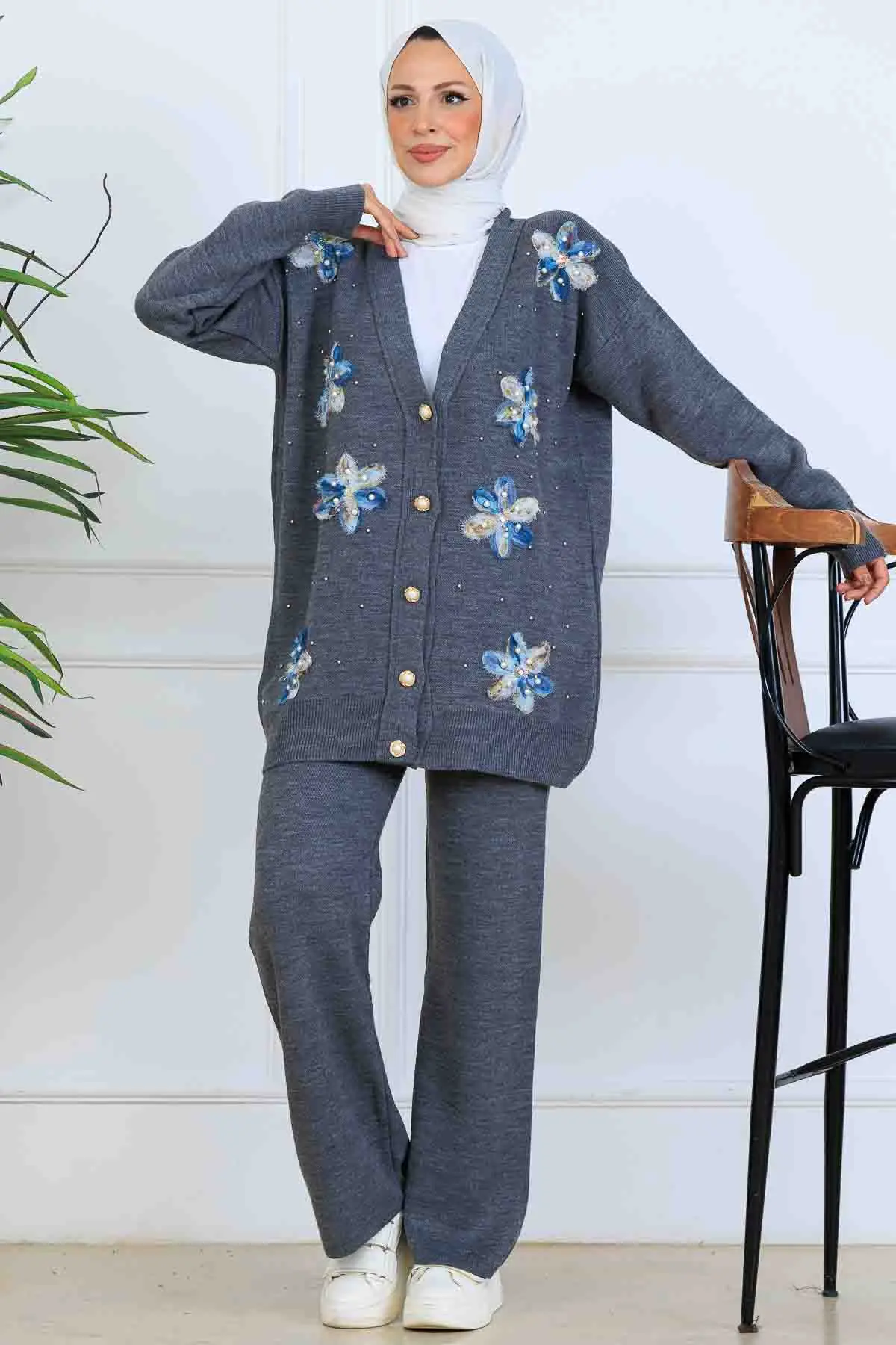 Çiçekli Triko Hırka Takım