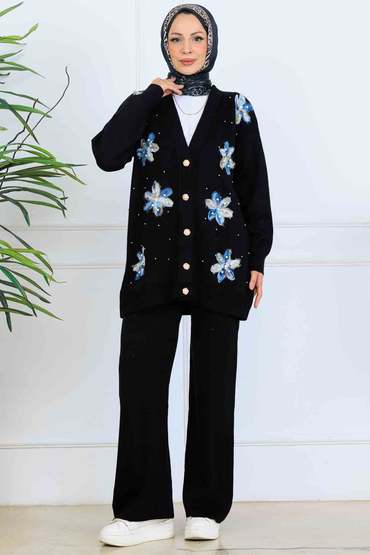 Çiçekli Triko Hırka Takım