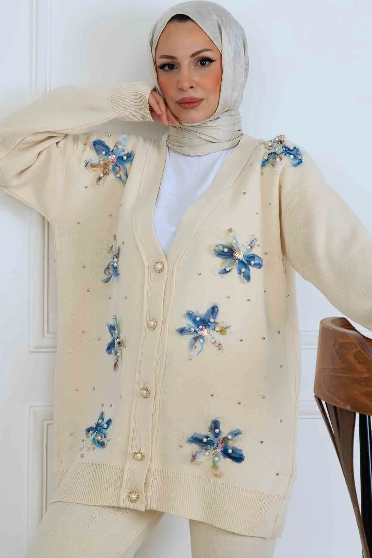 Çiçekli Triko Hırka Takım-detail