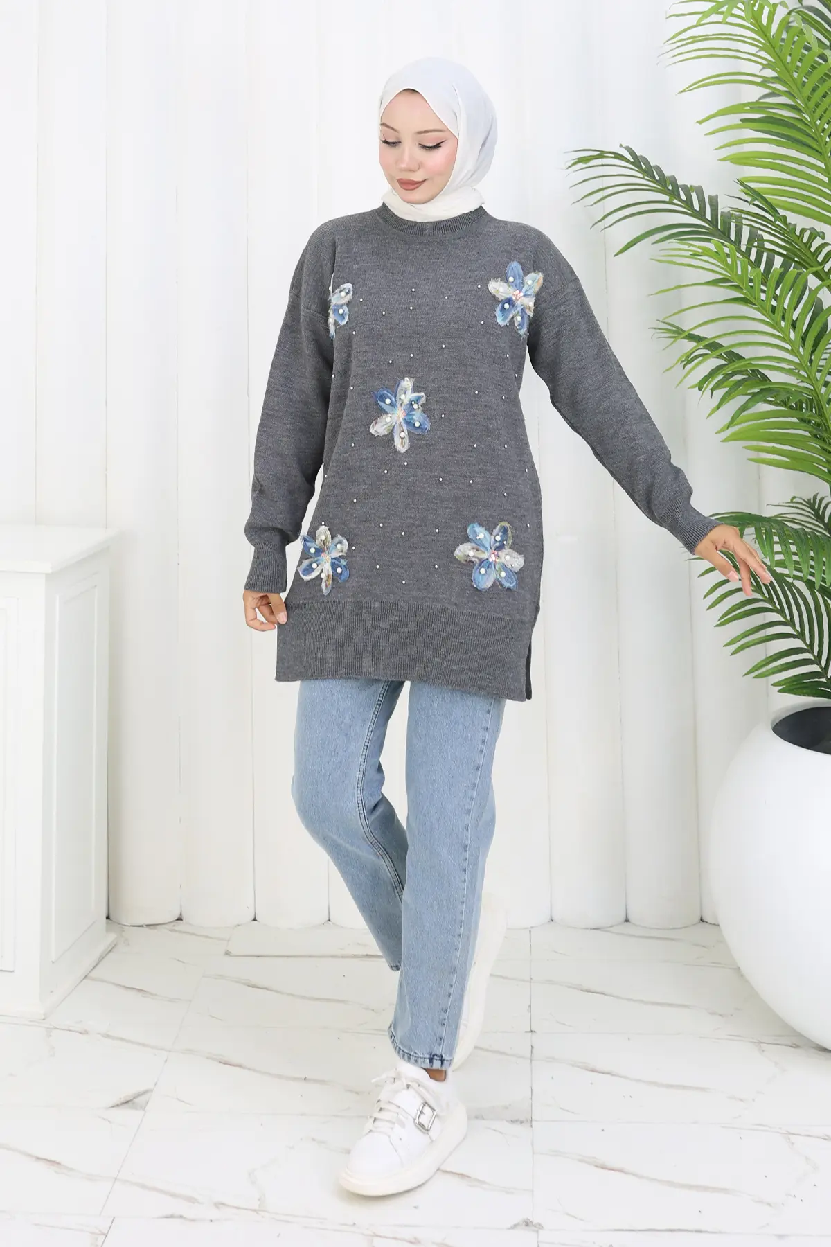 Çiçekli Triko Tunik