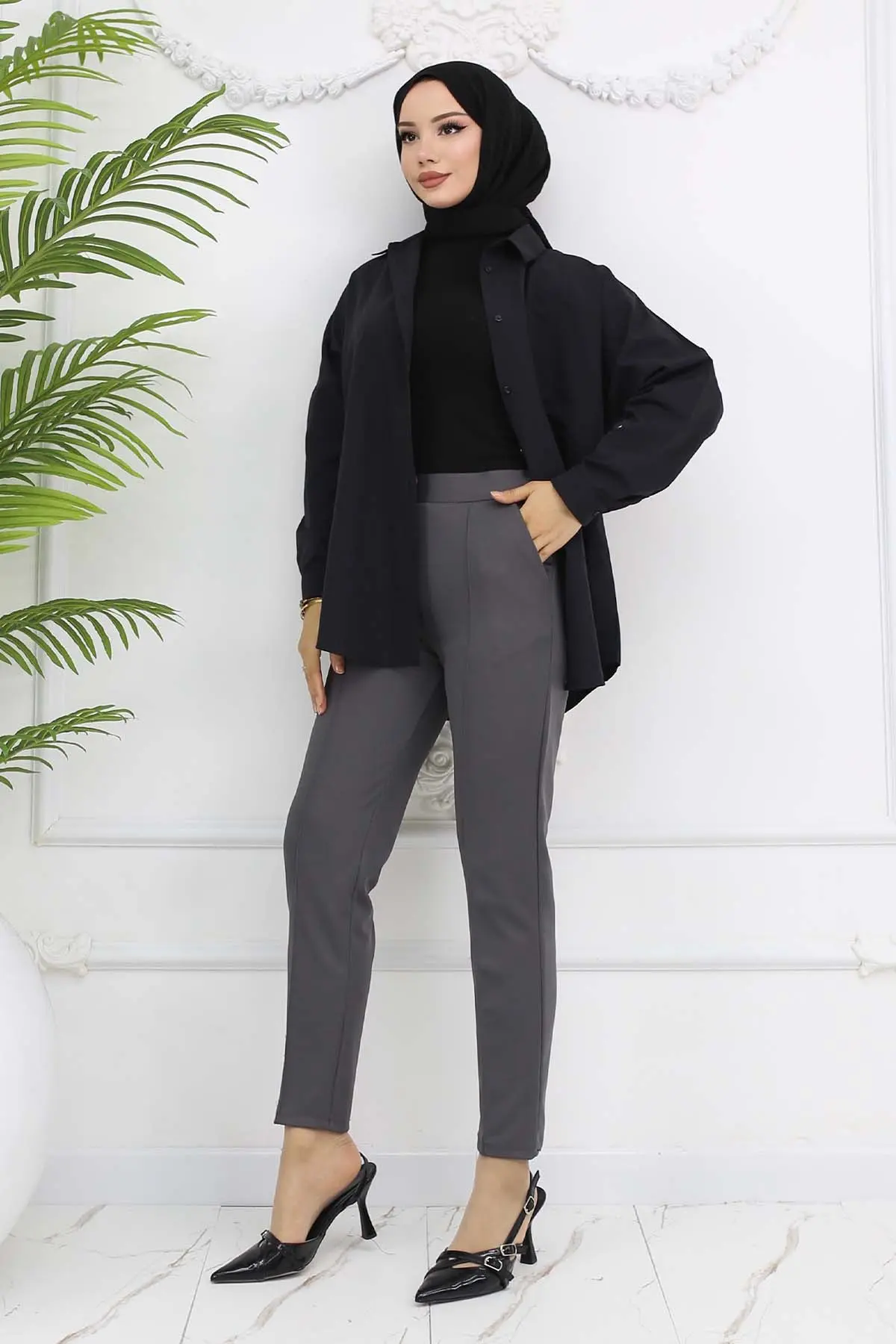 Çift Düğme Detaylı Cepli Havuç Pantolon Antrasit 3045-detail