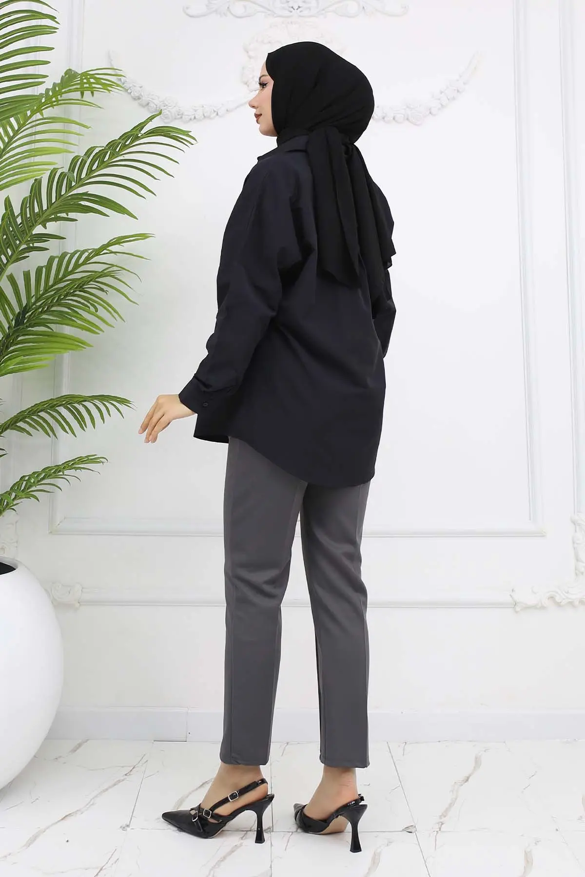 Çift Düğme Detaylı Cepli Havuç Pantolon Antrasit 3045-detail