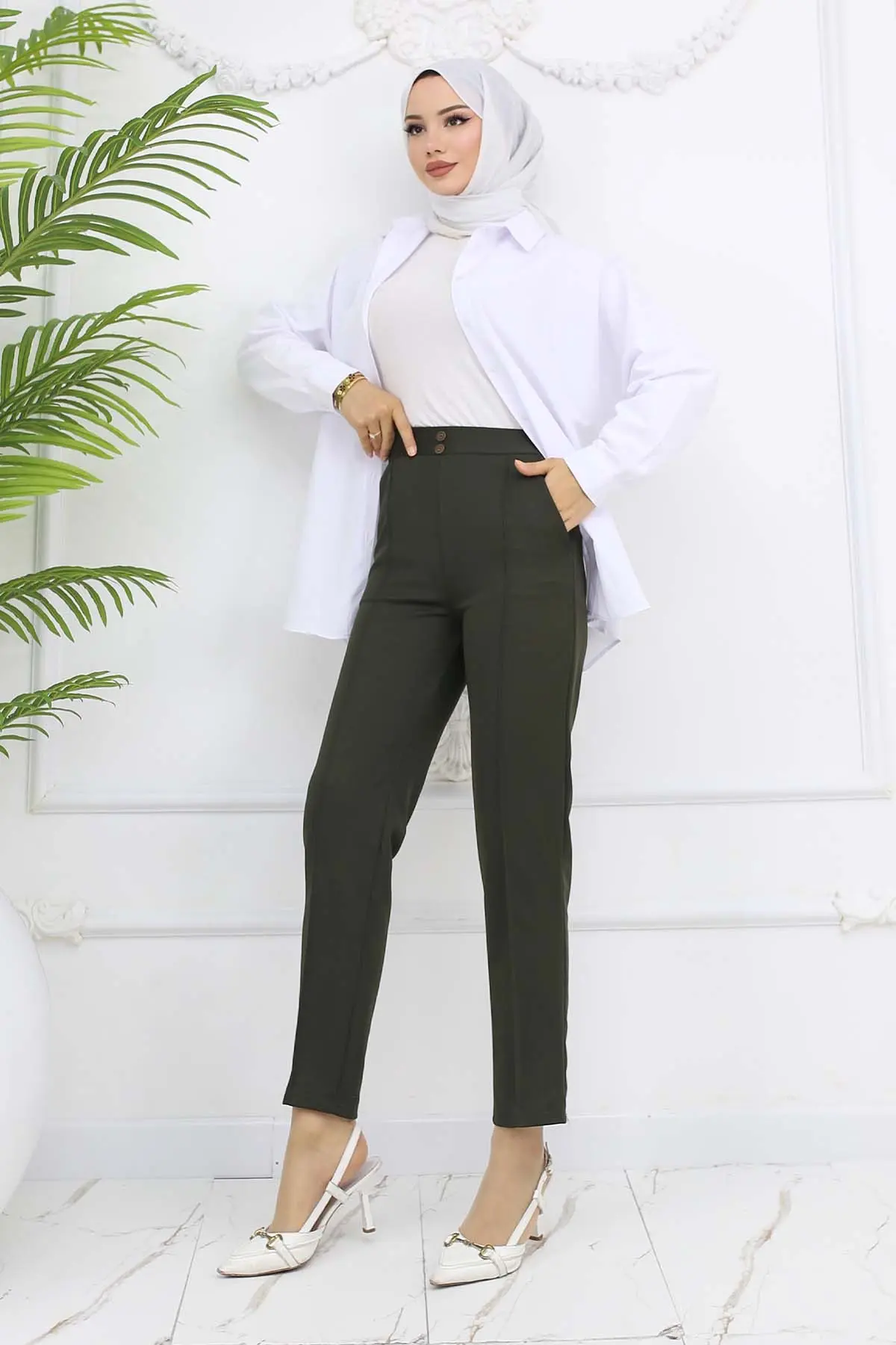 Çift Düğme Detaylı Cepli Havuç Pantolon Haki 3045-detail