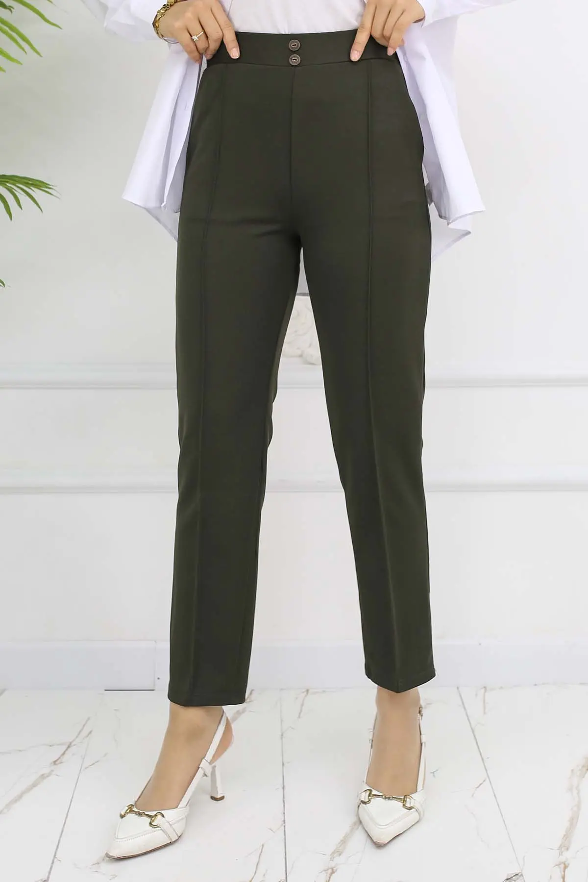Çift Düğme Detaylı Cepli Havuç Pantolon Haki 3045-detail