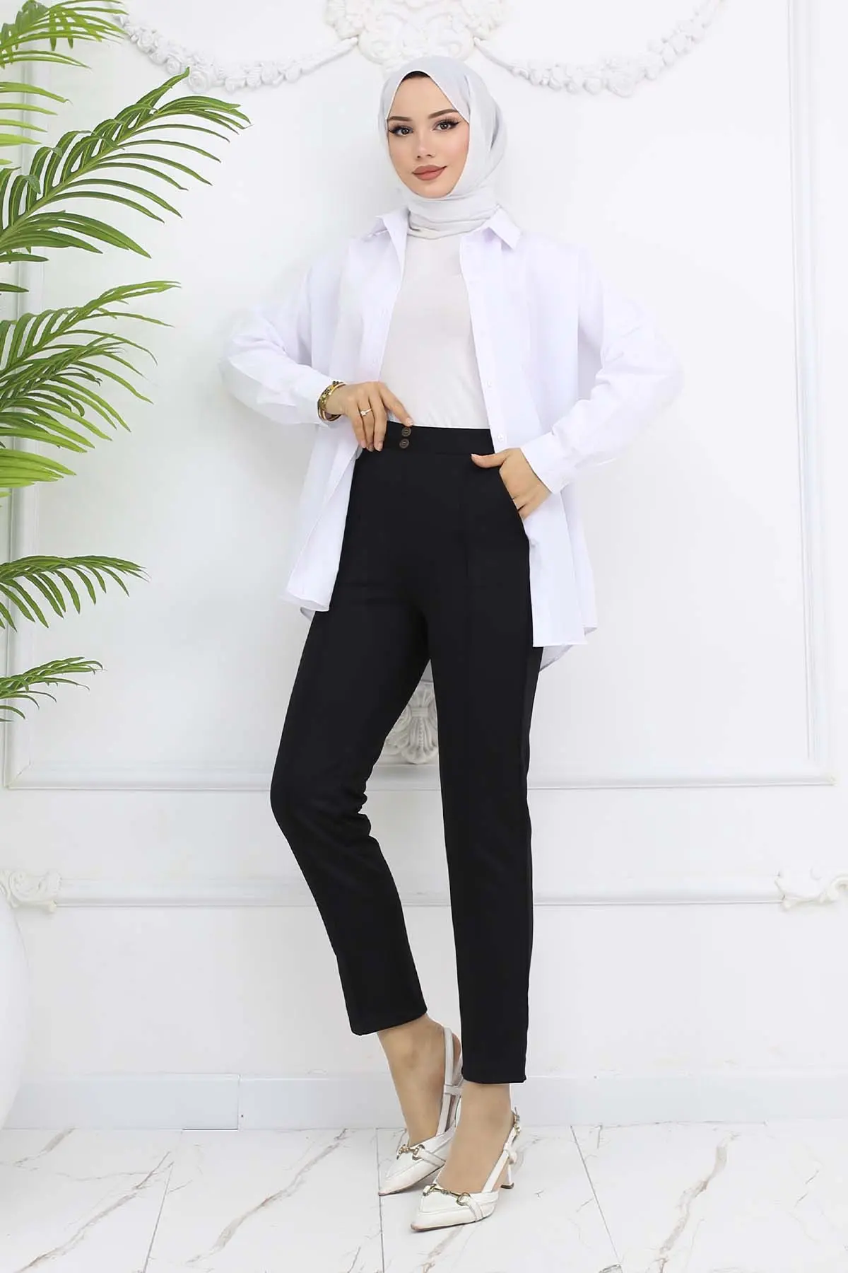 Çift Düğme Detaylı Cepli Havuç Pantolon Siyah 3045-detail