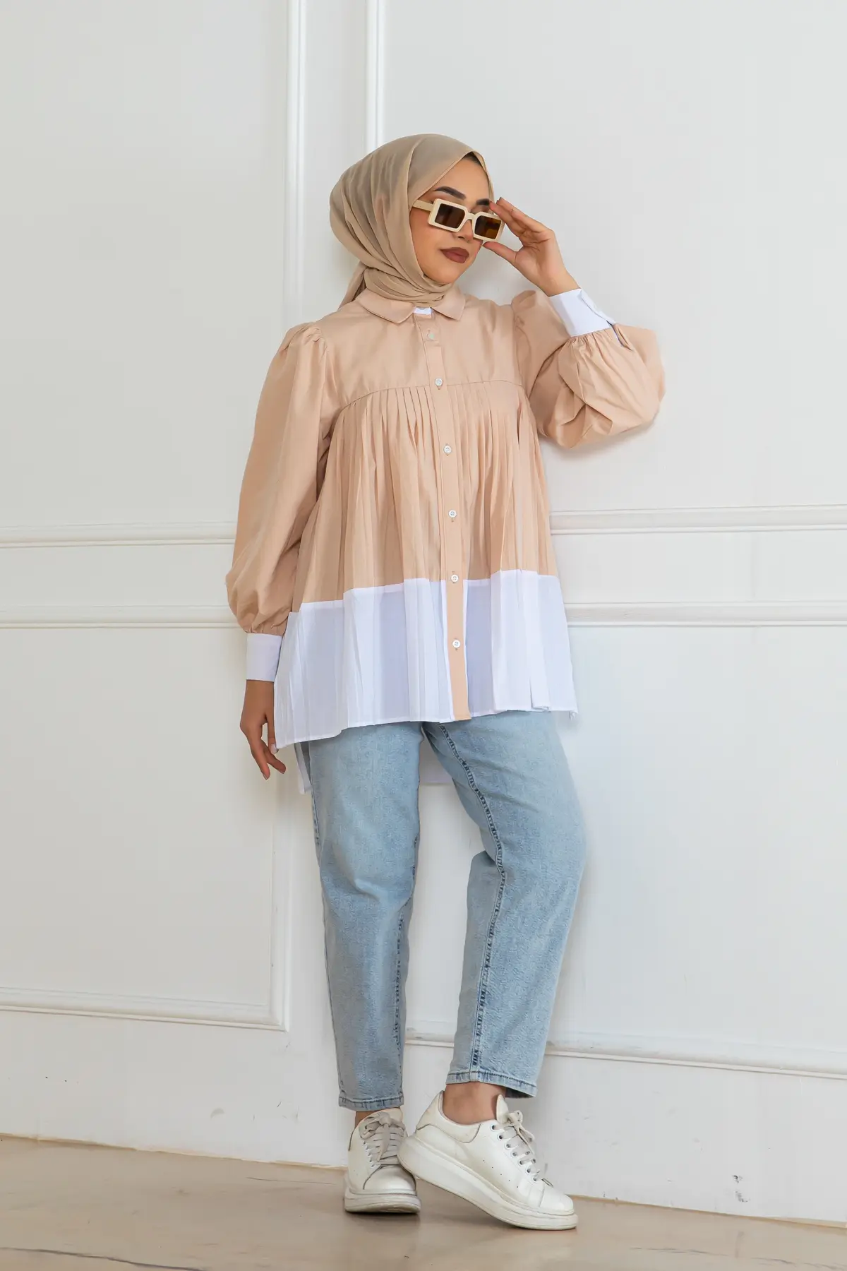 Çift Renkli Pileli Gömlek-detail