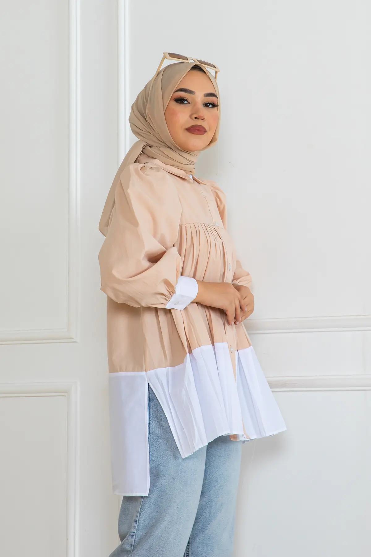 Çift Renkli Pileli Gömlek-detail