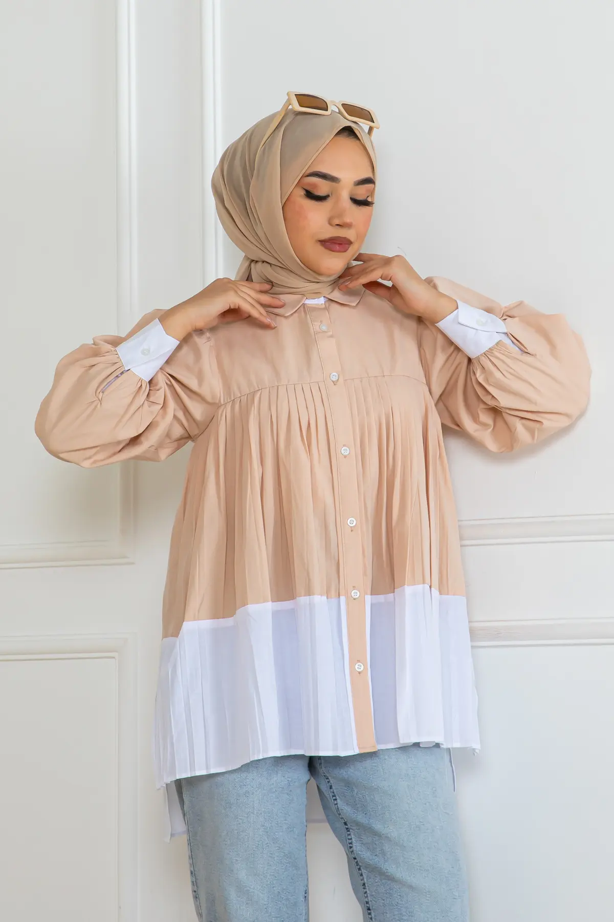 Çift Renkli Pileli Gömlek-detail