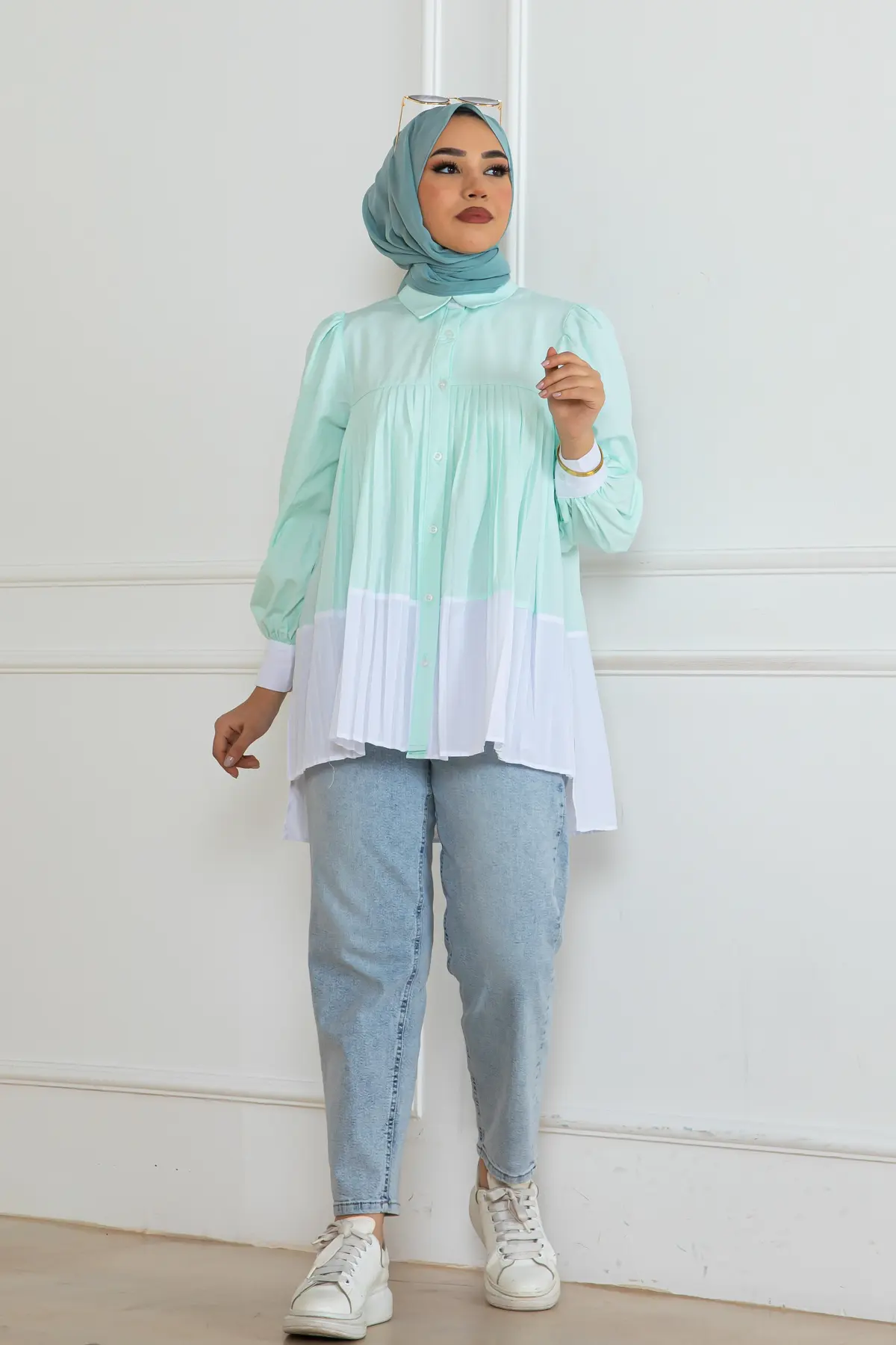 Çift Renkli Pileli Gömlek-detail