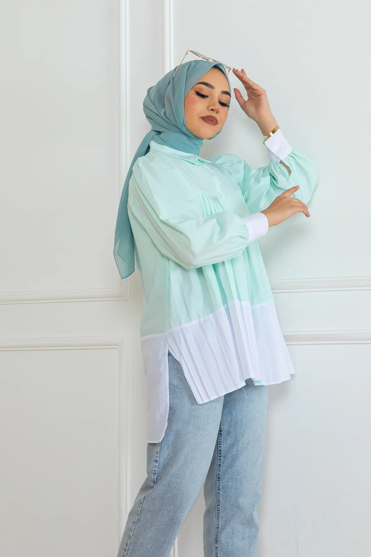 Çift Renkli Pileli Gömlek-detail