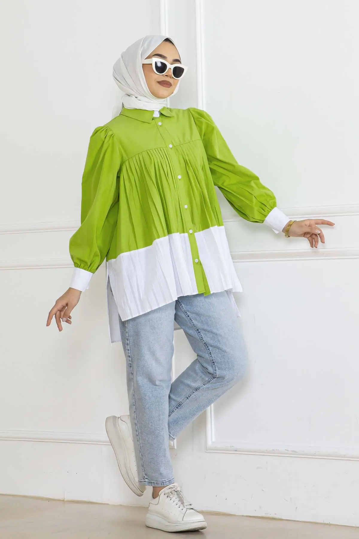 Çift Renkli Pileli Gömlek-detail