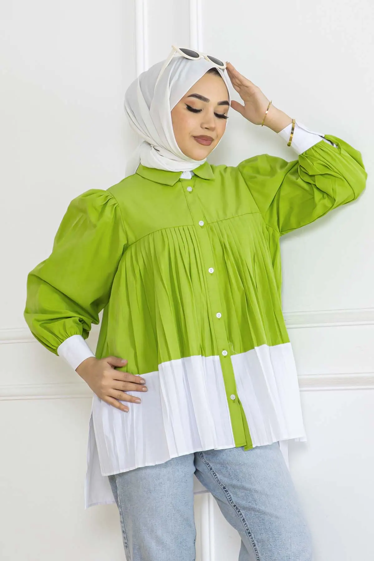 Çift Renkli Pileli Gömlek-detail