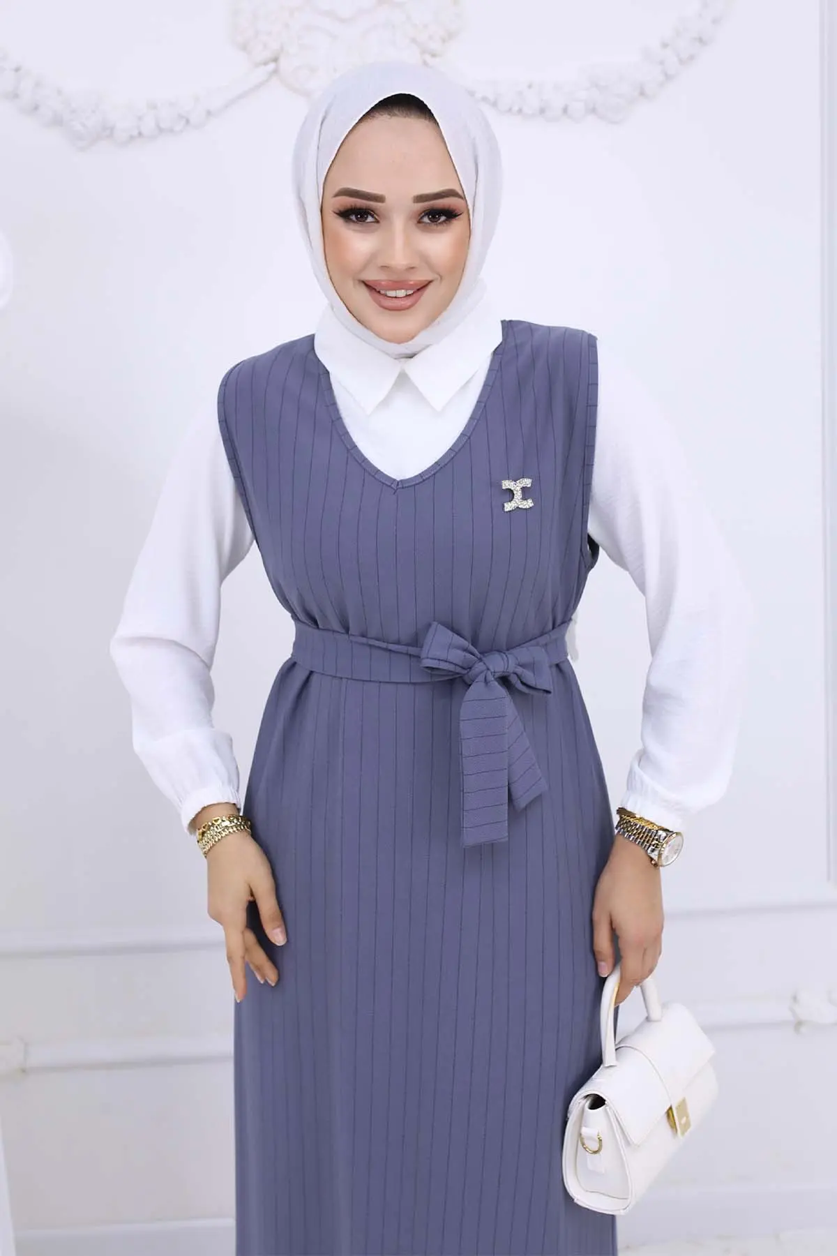 Stripe Detailed Brooch Dress-detail