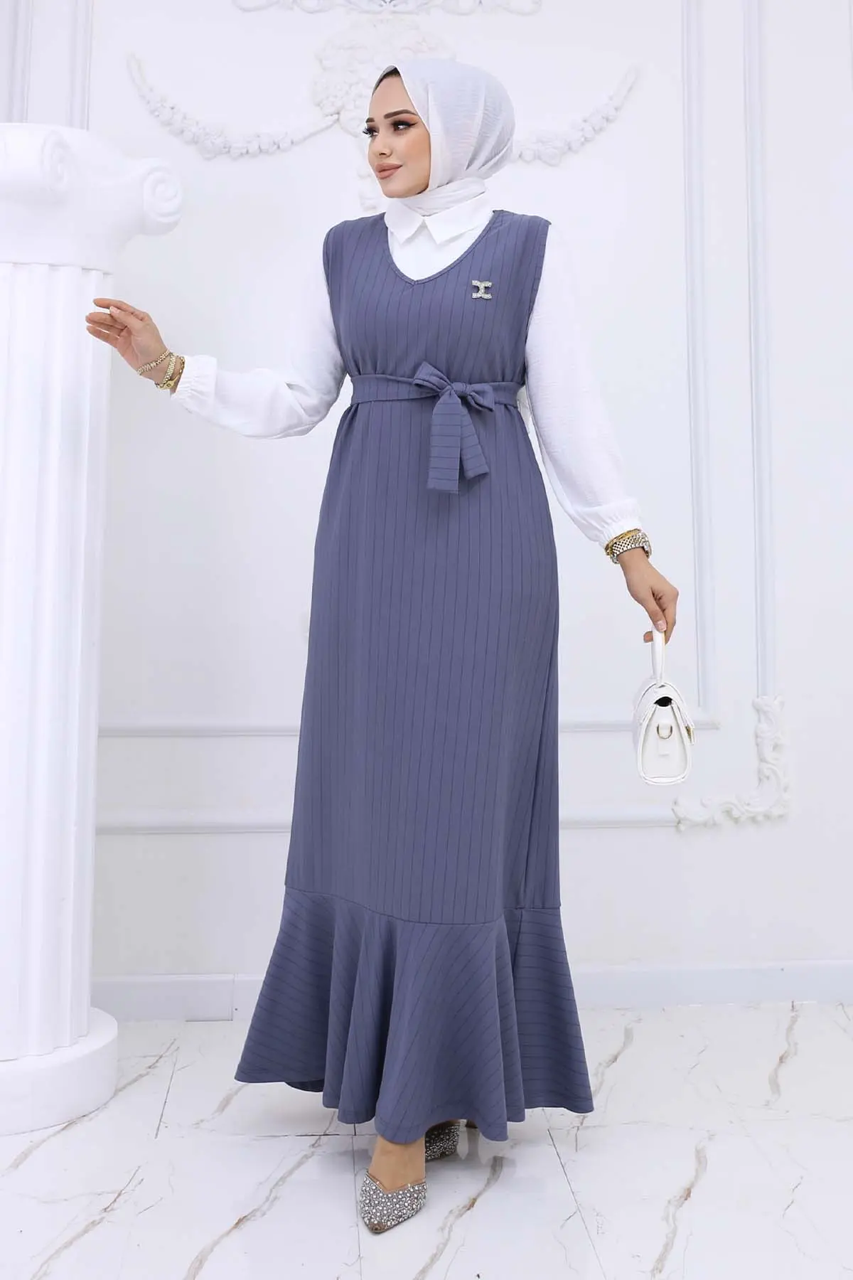 Stripe Detailed Brooch Dress-detail