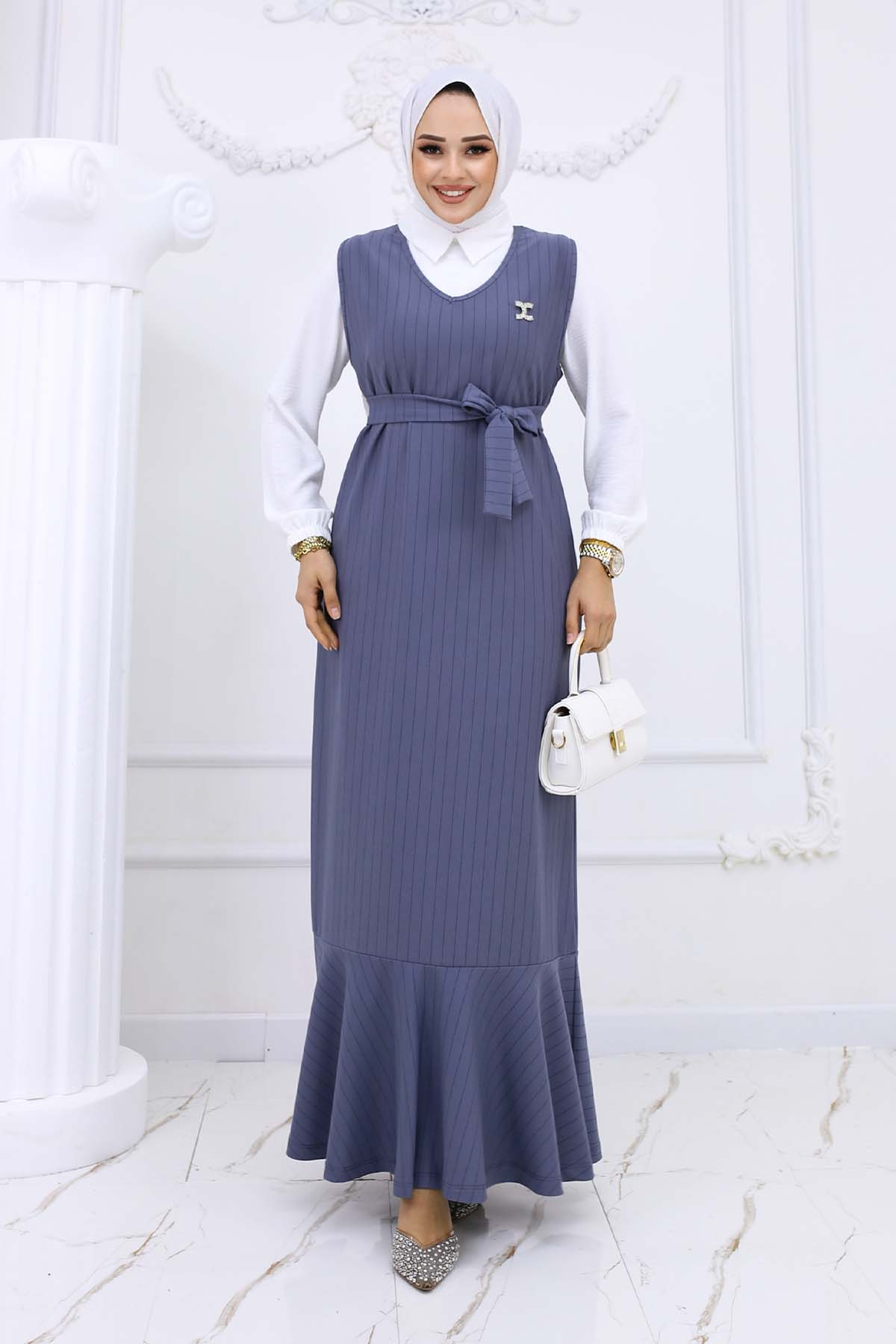 Stripe Detailed Brooch Dress