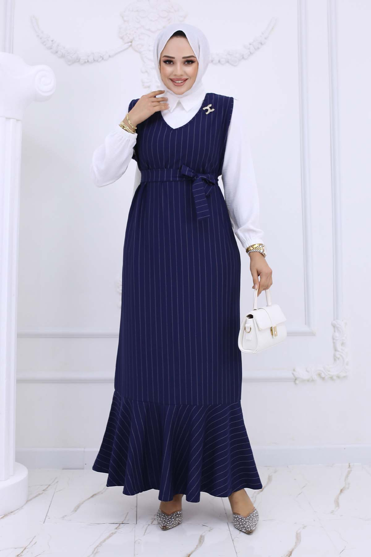 Stripe Detailed Brooch Dress