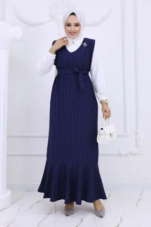 Stripe Detailed Brooch Dress