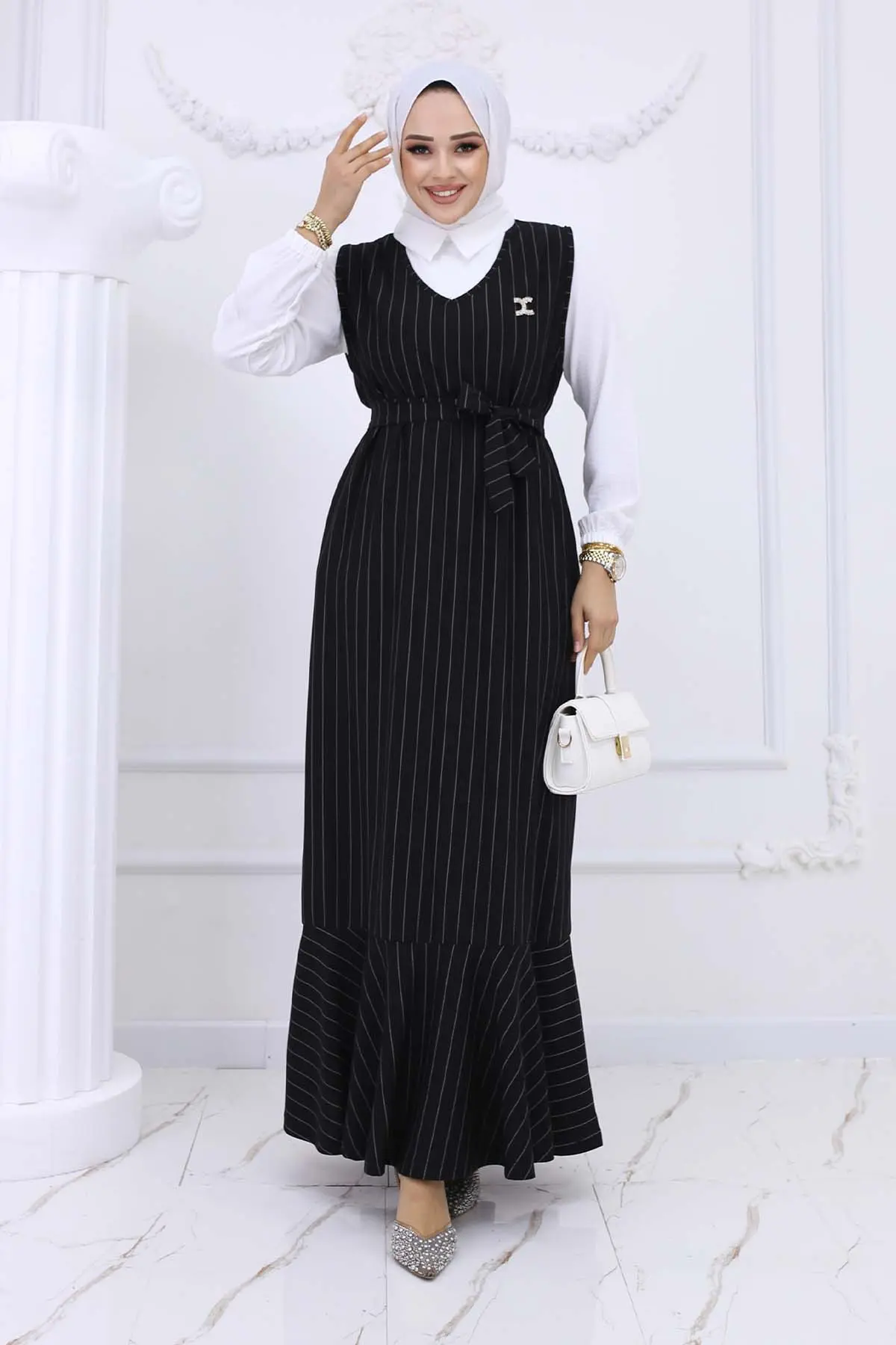 Stripe Detailed Brooch Dress-detail