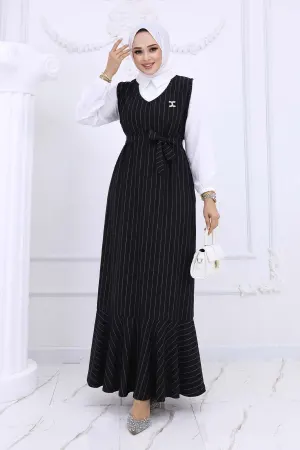 Stripe Detailed Brooch Dress