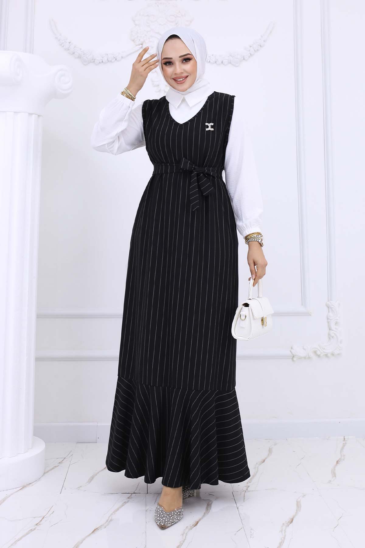 Stripe Detailed Brooch Dress