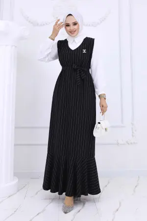 Stripe Detailed Brooch Dress