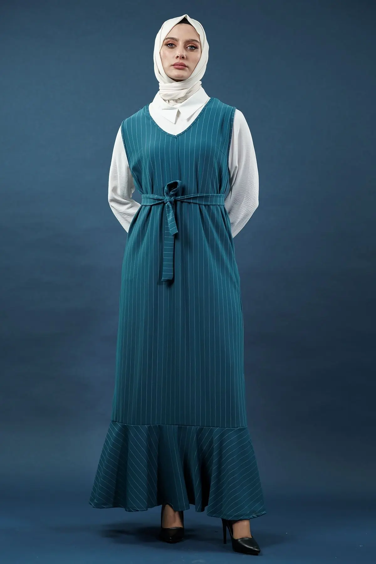 Çizgili Gömlekli Jile Elbise Zümrüt-detail