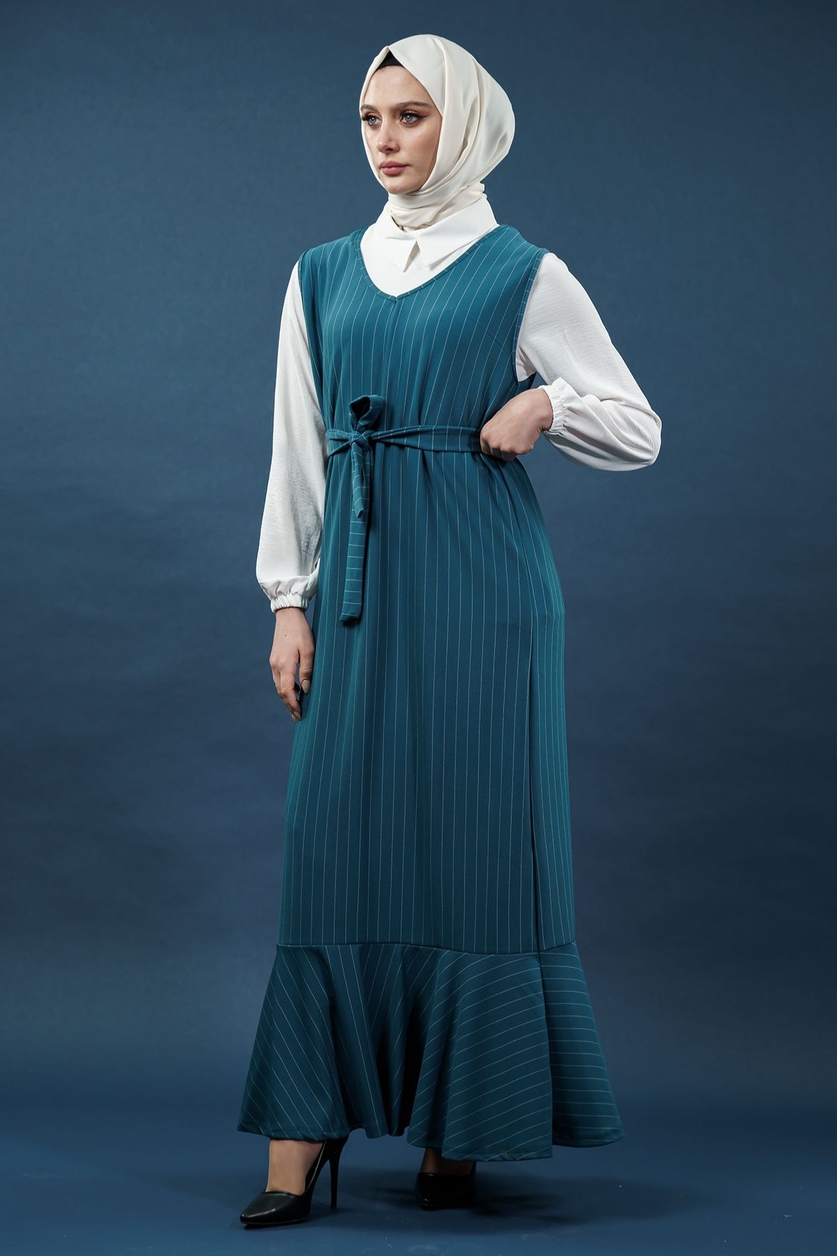 Çizgili Gömlekli Jile Elbise Zümrüt