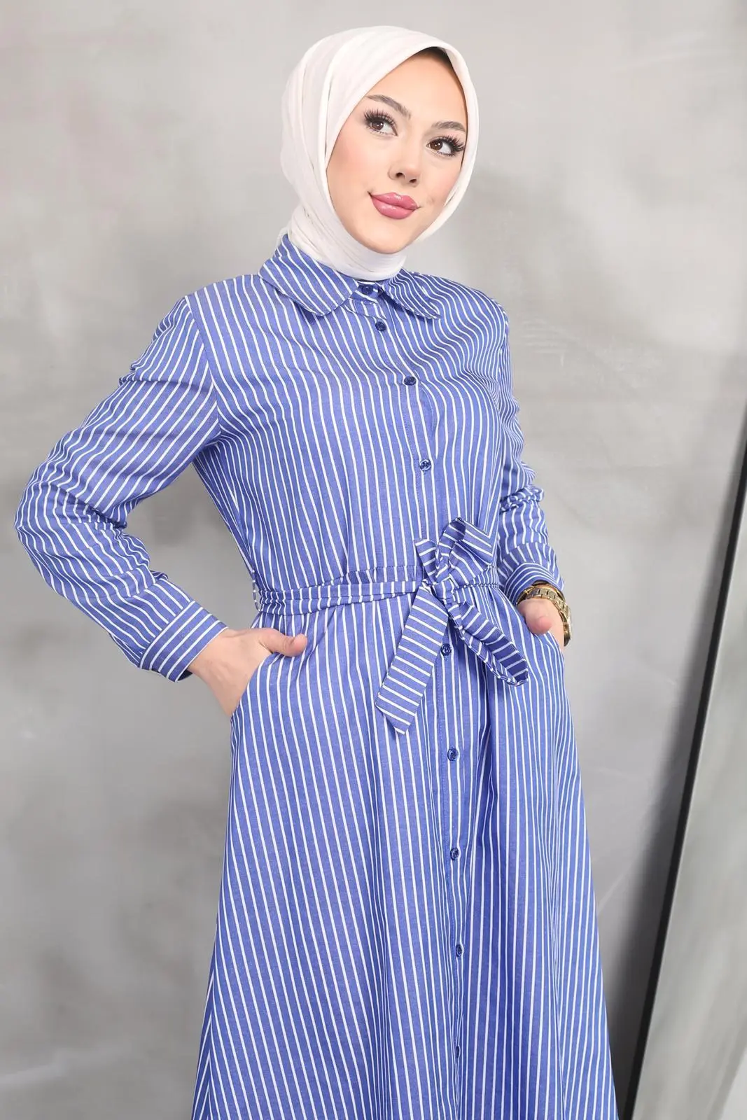 Striped Poplin Tericoton Dress-detail