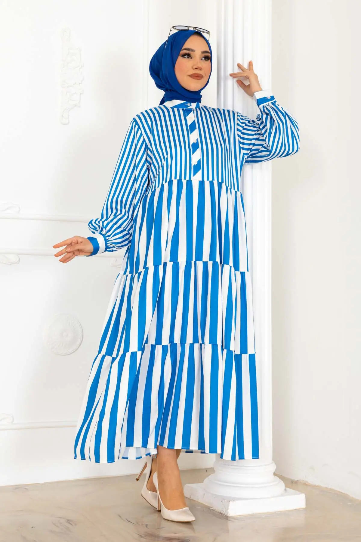 Çizgili Saten Elbise Mavi-detail