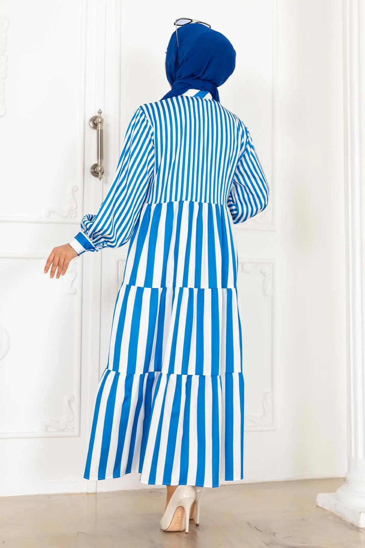 Çizgili Saten Elbise Mavi-detail