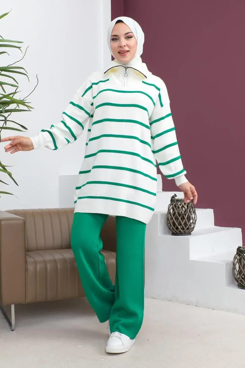 Çizgili Triko Takım Yeşil-detail