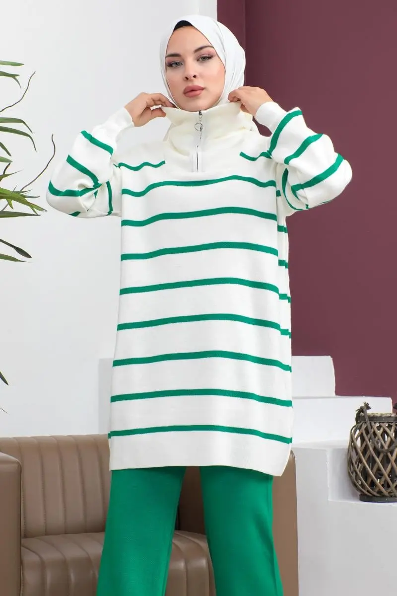 Çizgili Triko Takım Yeşil-detail