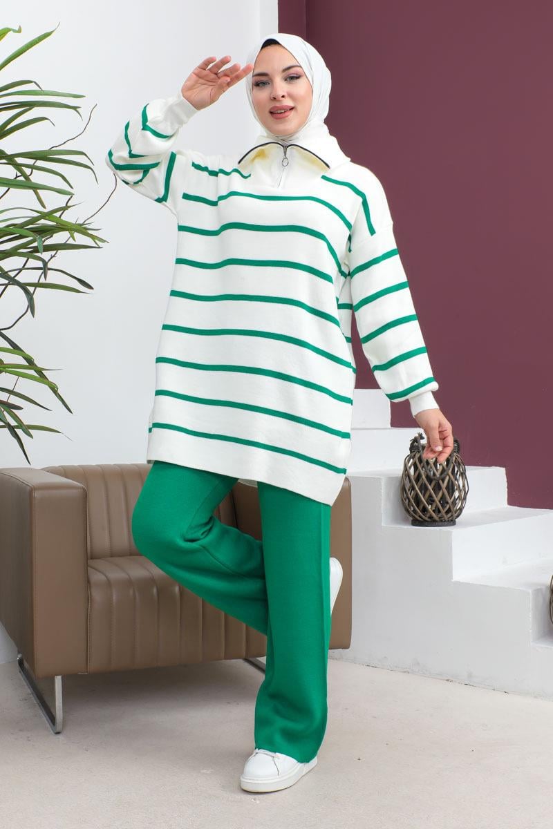 Çizgili Triko Takım Yeşil
