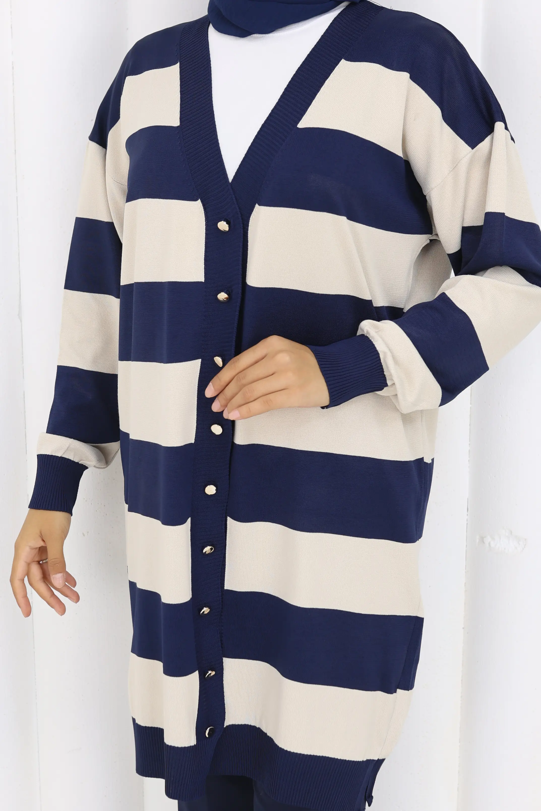 Striped Long Mercerized Cardigan-detail