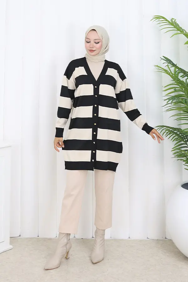 Çizgili Uzun Merserize Hırka