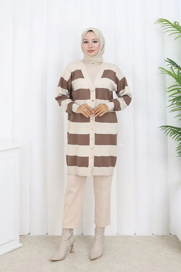 Çizgili Uzun Merserize Hırka