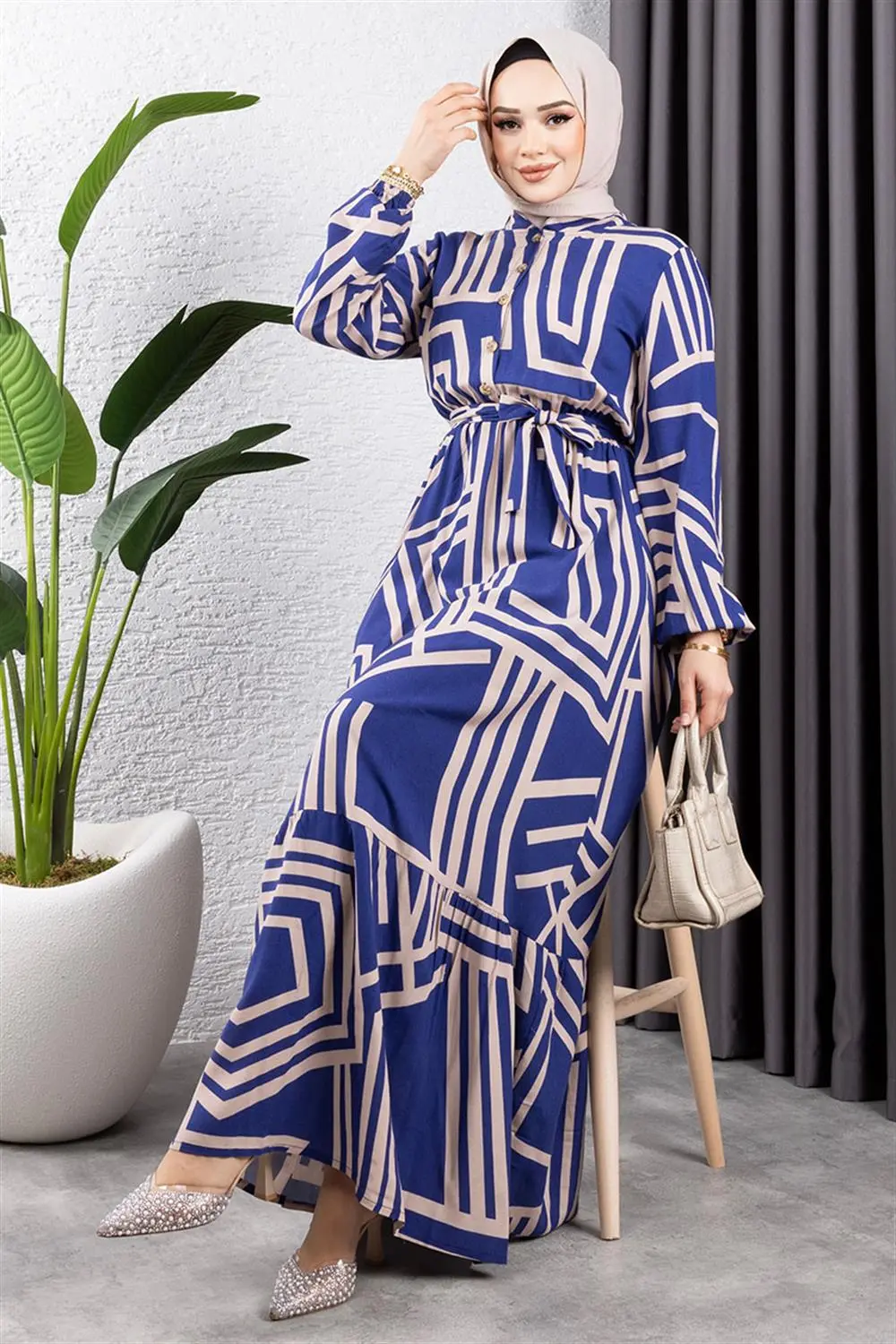 Çizgili Viskon Elbise-detail