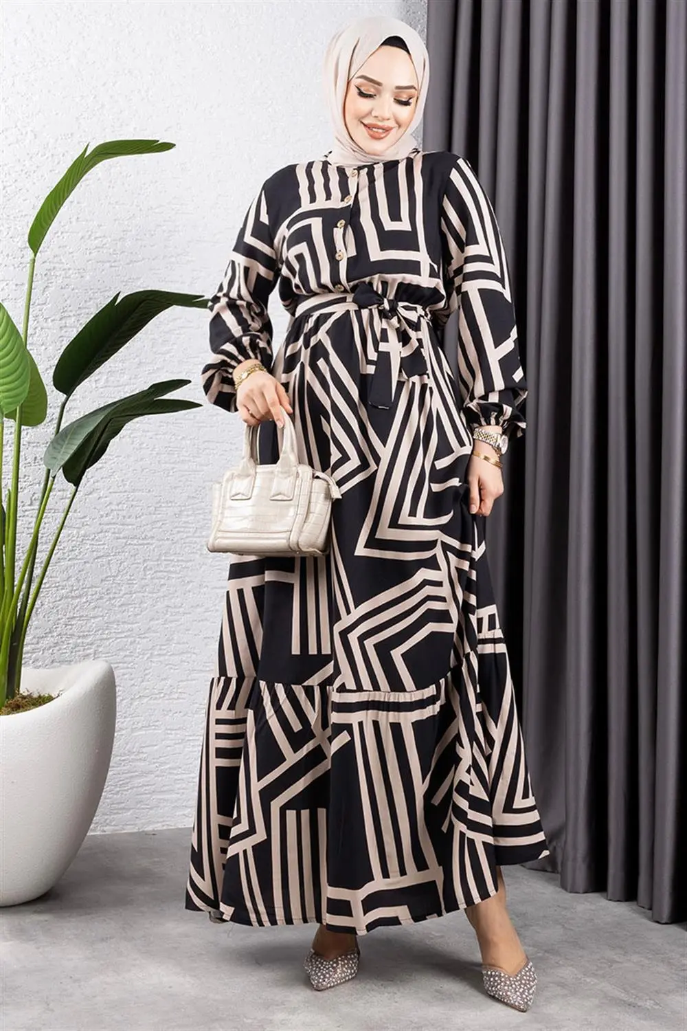 Çizgili Viskon Elbise-detail