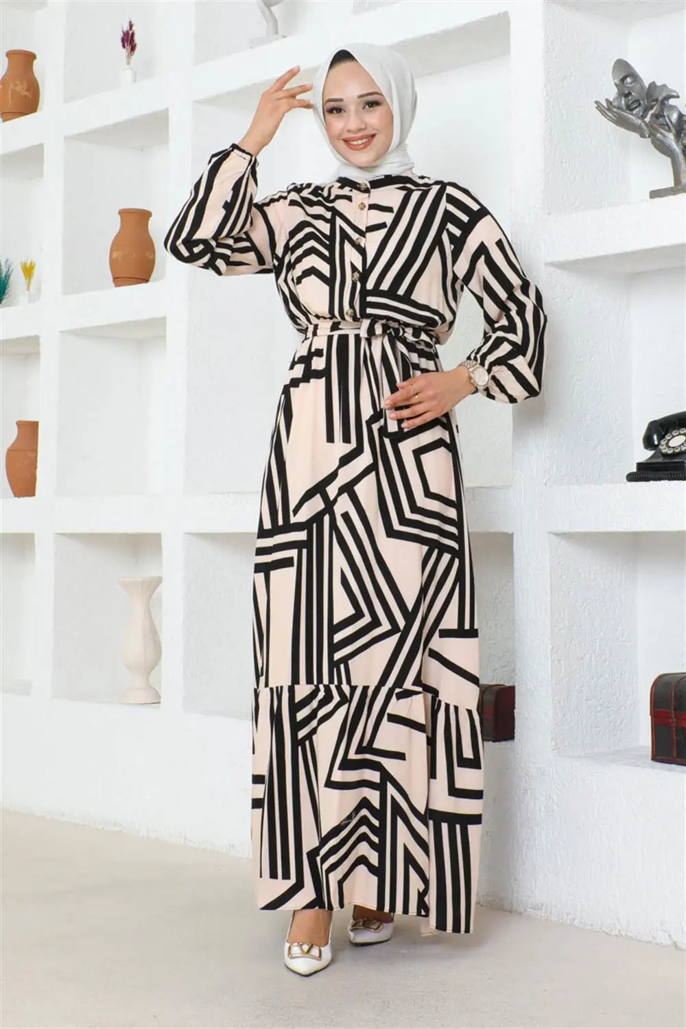 Çizgili Viskon Elbise-detail