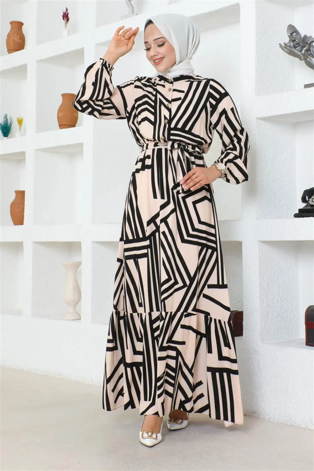 Çizgili Viskon Elbise-detail