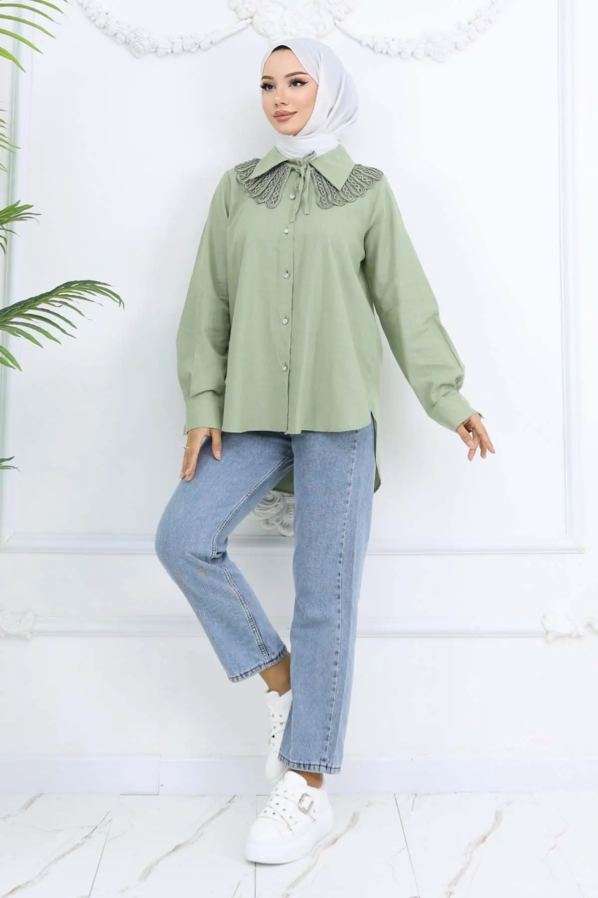 Dantel Detaylı Bebe Yakalıklı Gömlek Çağla 2214-detail