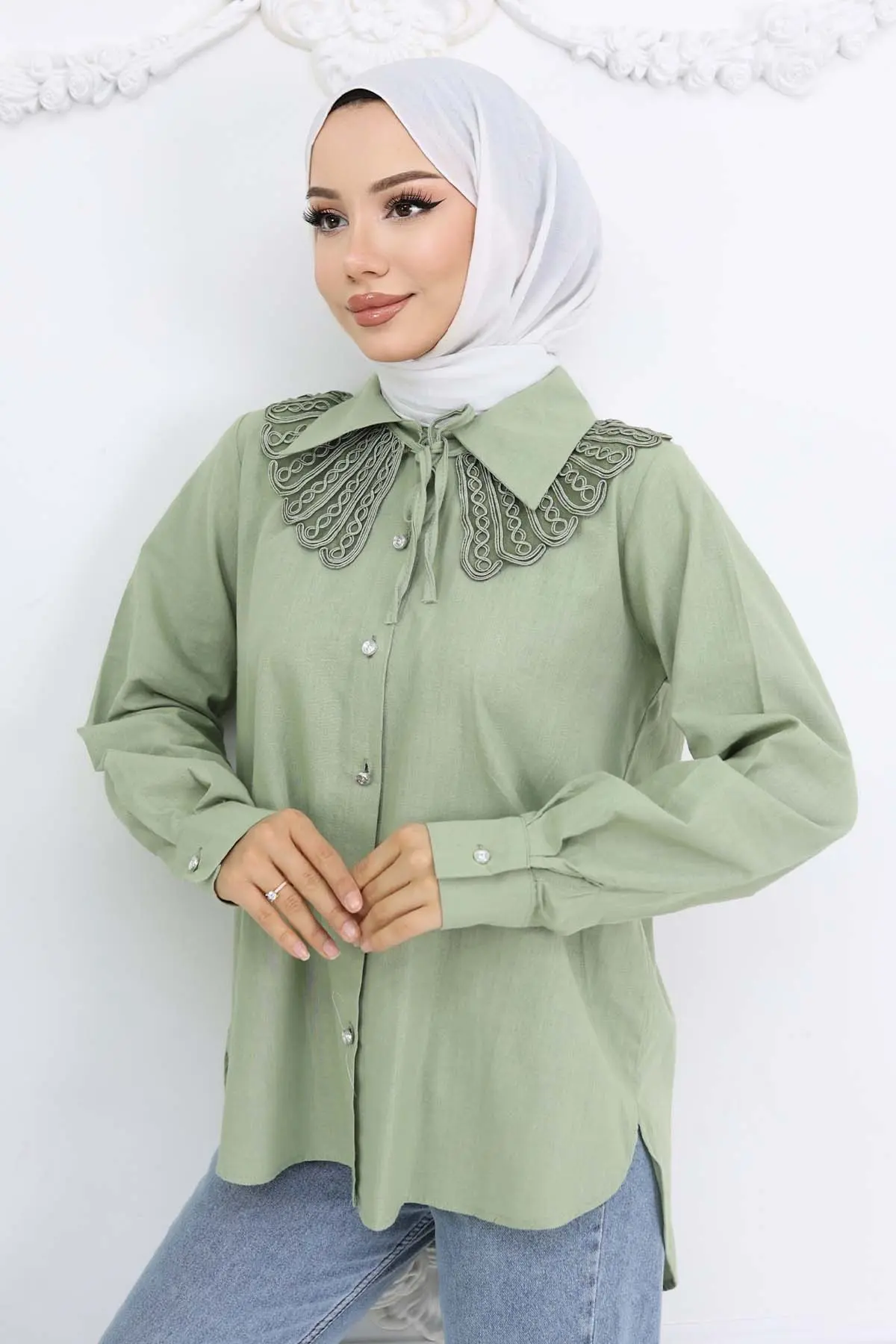 Dantel Detaylı Bebe Yakalıklı Gömlek Çağla 2214-detail