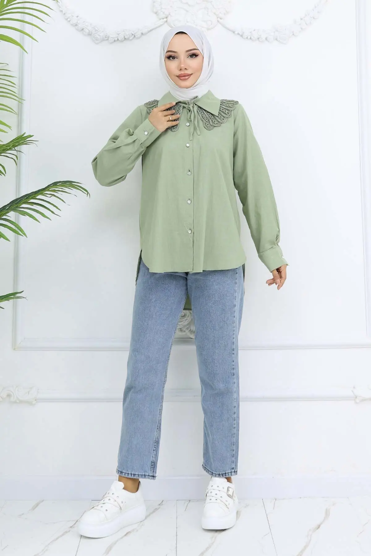 Dantel Detaylı Bebe Yakalıklı Gömlek Çağla 2214-detail